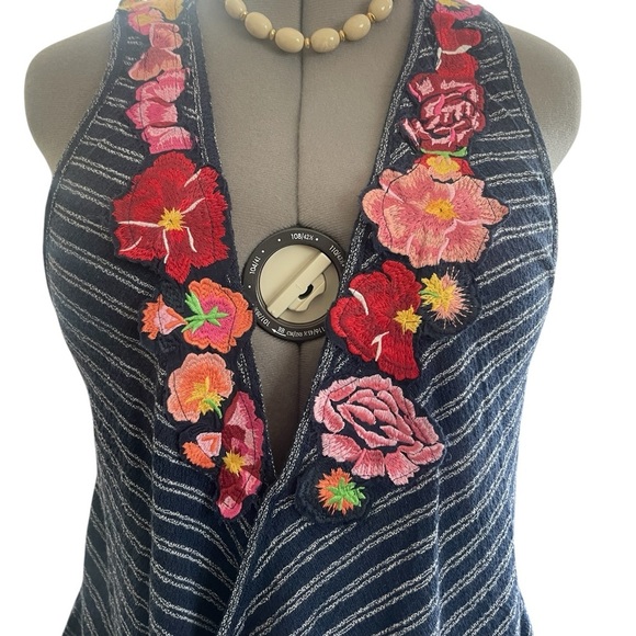 Free People Frida Embroidered Wrap Tank Top Large Blue Stripe Hi Lo - Picture 3 of 6